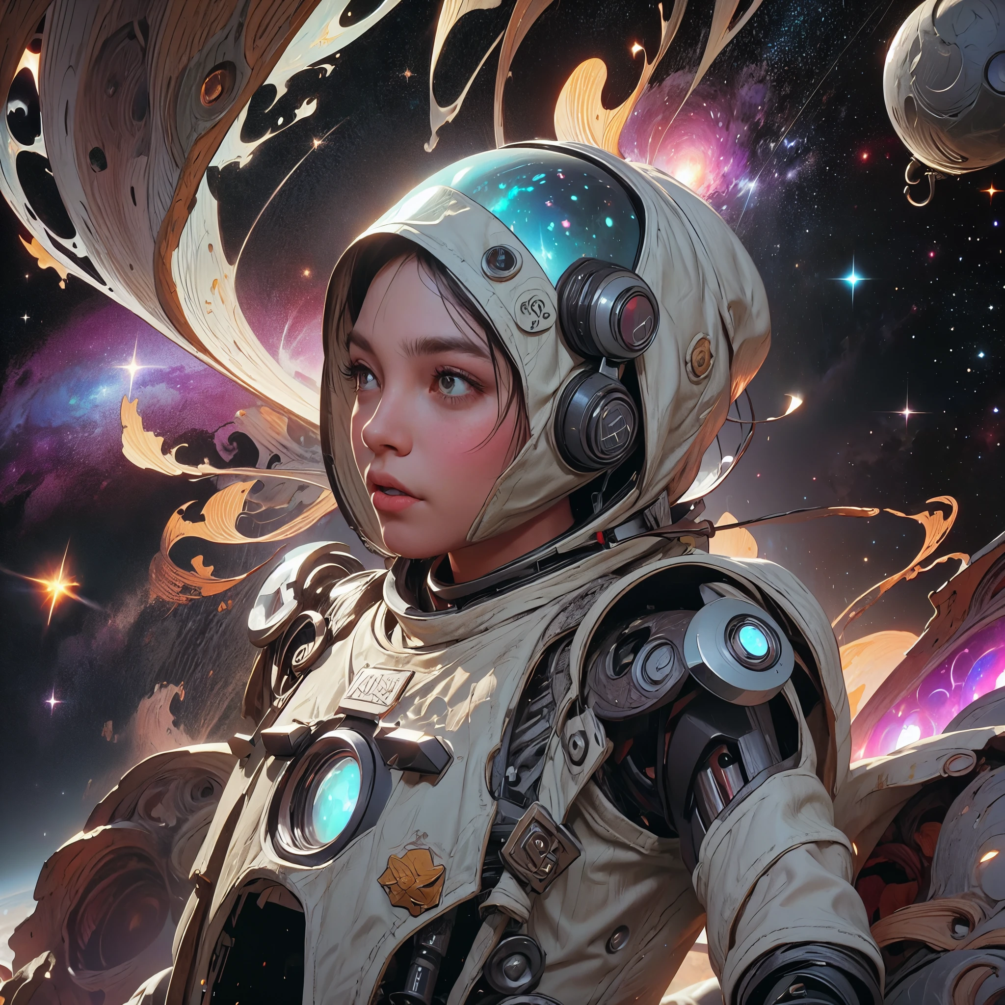 there is a screenshot of a woman in a space suit, cosmic girl, event, cosmic entity, incrinate content details, endless cosmos in the background, historical event, real event, astral background, cosmic background, cosmic goddess, cyborg goddess in cosmos, celestial cosmos, game interface, violet battlefield theme, cosmic style, hyperdetailed content, background details