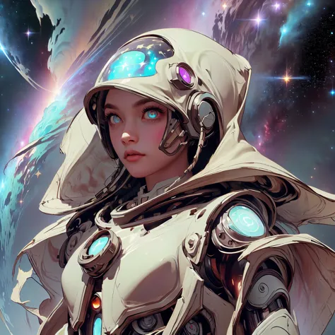 (symmetrical, beautiful eyes) there is a screenshot of a woman in a space suit, a cosmic girl, an event, a cosmic entity, incrim...
