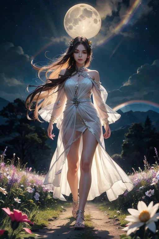 Hermosa y mágica chica espiritual elemental con cabello largo y suelto., vestido espiritual etéreo, caminando por un campo de flores de cristal mientras la oscura luz de la luna del arco iris hace que la flor brille con una luz luminosa