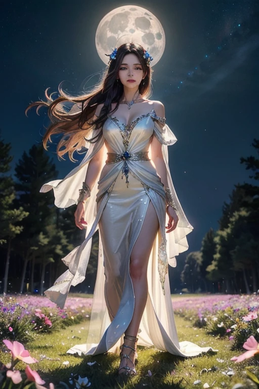 Beautiful and magical elemental spirit girl with long flowing hair, ethereal spiritual dress, walking through a field of crystal flowers as dark rainbow moonlight makes the flower glow with a luminous light