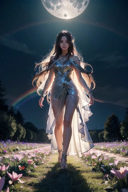 Beautiful and magical elemental spirit girl with long flowing hair, ethereal spiritual dress, walking through a field of crystal flowers as dark rainbow moonlight makes the flower glow with a luminous light