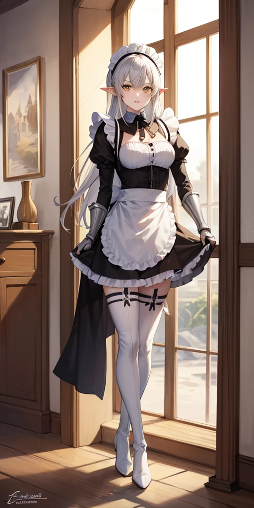 (mature female:1.4), masterpiece, best quality (maid, maid headdress, maid apron), standing, indoors, window, masterpiece, best quality, high quality, white SKIN elf, long hair, white hair, yellow eyes, full body, def_effie, blue breastplate, white skin, looking at viewer, shiny armor, thigh highs, high boots, shoulder armor, faulds, poleyn, gloves, gauntlets