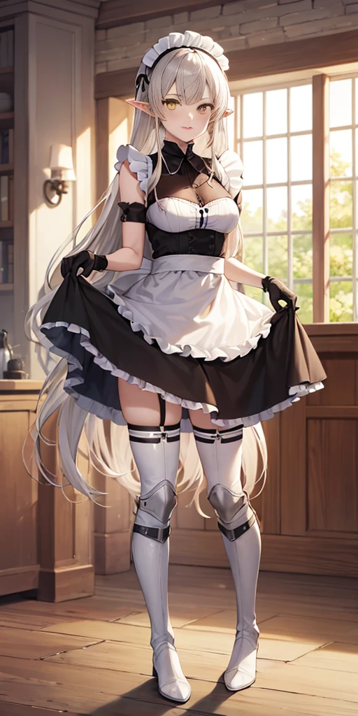 (mature female:1.4), masterpiece, best quality (maid, maid headdress, maid apron), standing, indoors, window, masterpiece, best quality, high quality, white SKIN elf, long hair, white hair, yellow eyes, full body, def_effie, blue breastplate, white skin, looking at viewer, shiny armor, thigh highs, high boots, shoulder armor, faulds, poleyn, gloves, gauntlets