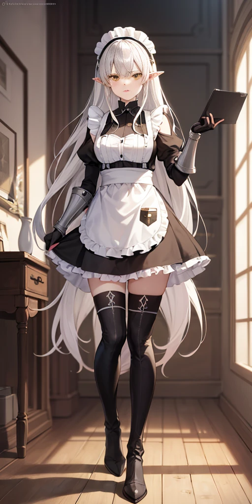 (mature female:1.4), masterpiece, best quality (maid, maid headdress, maid apron), standing, indoors, window, masterpiece, best quality, high quality, white SKIN elf, long hair, white hair, yellow eyes, full body, def_effie, blue breastplate, white skin, looking at viewer, shiny armor, thigh highs, high boots, shoulder armor, faulds, poleyn, gloves, gauntlets