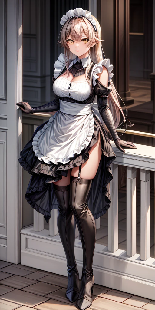 (mature female:1.4), masterpiece, best quality (maid, maid headdress, maid apron), standing, indoors, window, masterpiece, best quality, high quality, dark black SKIN. Long messy hair, yellow eyes, full body, def_effie, blue breastplate, looking at viewer, shiny armor, thigh highs, high boots, shoulder armor, faulds, poleyn, red gloves gauntlets