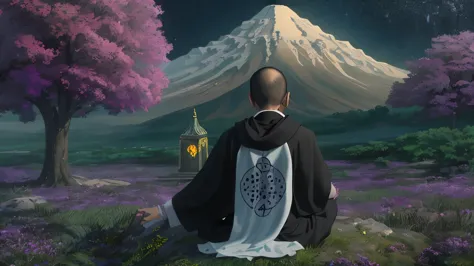 Um monge meditando em um ambiente vibrante, paisagem iluminada de outro mundo, surrounded by ethereal spirits and symbols of the...