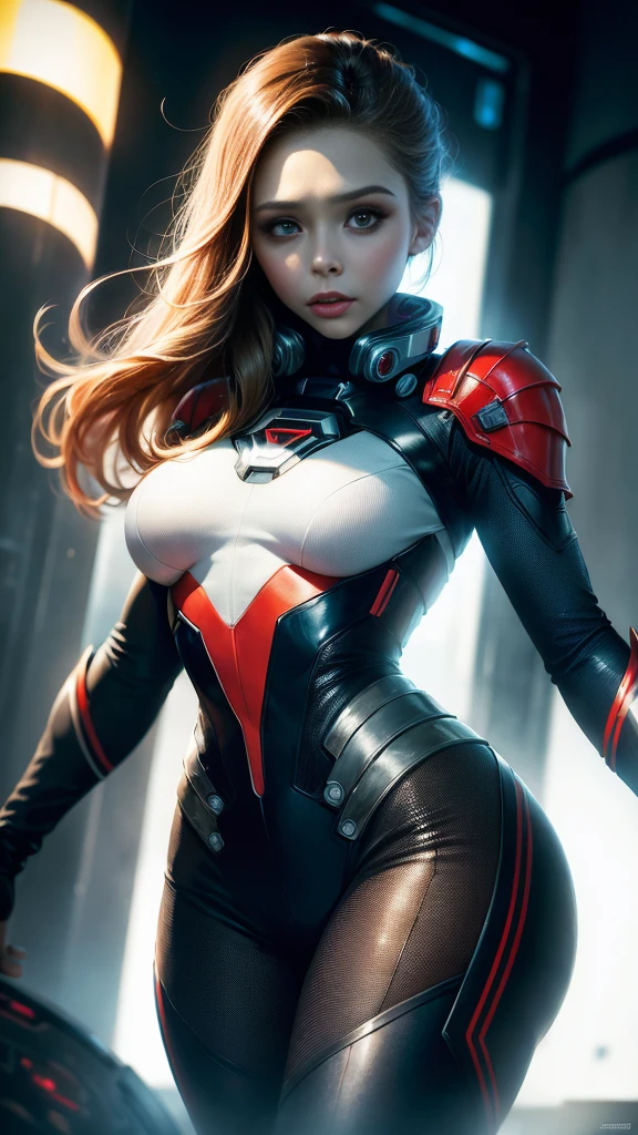 Elizabeth Olsen as the captain of a spaceship, a skyscraper, (inspired by Mass Effect), Spider-Man suit, safety rating, breast enlargement, fat buttocks, leather pants wrapped around hips (8k, foto raw, fotorrealista: 1, 25), (muito brilho labial, lots of eyelashes, melhor qualidade, ultra high resolution, Profundidade de Campo, Chromatic aberration, Luz Ampla, Cor Natural, distant images (1:2)