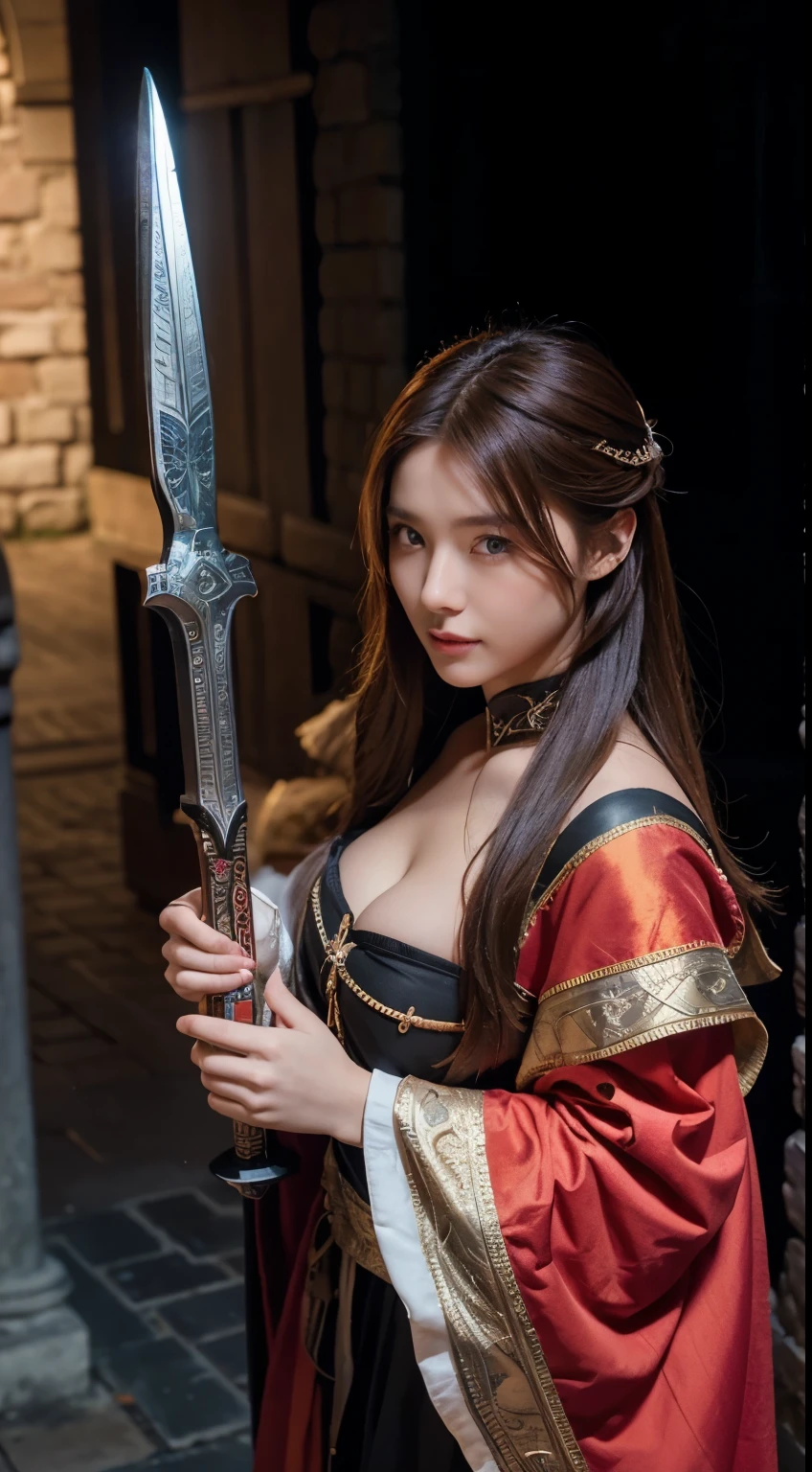 23-year-old Taiwanese beauty, solo singer, cool, perfect interpretation of European fantasy medieval knight. She has huge natural breasts and a perfect figure. She is wearing the costume of the Knights Hospitaller, a cloak, and long red hair. She looks up at the viewer, holding a big sword in her hand, and standing on the streets of medieval Europe. (1 Girl: 1.4), (RAW Photo, Best Quality), (Real, Photo Real: 1.1), Best Best Quality, Masterpiece, Beauty and Aesthetics, 16K, (HDR: 1.2), High Contrast, (Vivid Color: 1.3), (Soft Color, Dull Color, Soothing Color: 0), Cinema Lighting, Ambient Lighting, Side Light, Fine Detail and Texture, Cinematic Lens, Warm Color (Bright and Intense: 1.1), Wide Angle Lens, xm887, hyper - Realistic illustrations, Shino's natural proportions, dynamic poses, (accurate body and hand anatomy, four fingers and a thumb), (from above: 1.2)
