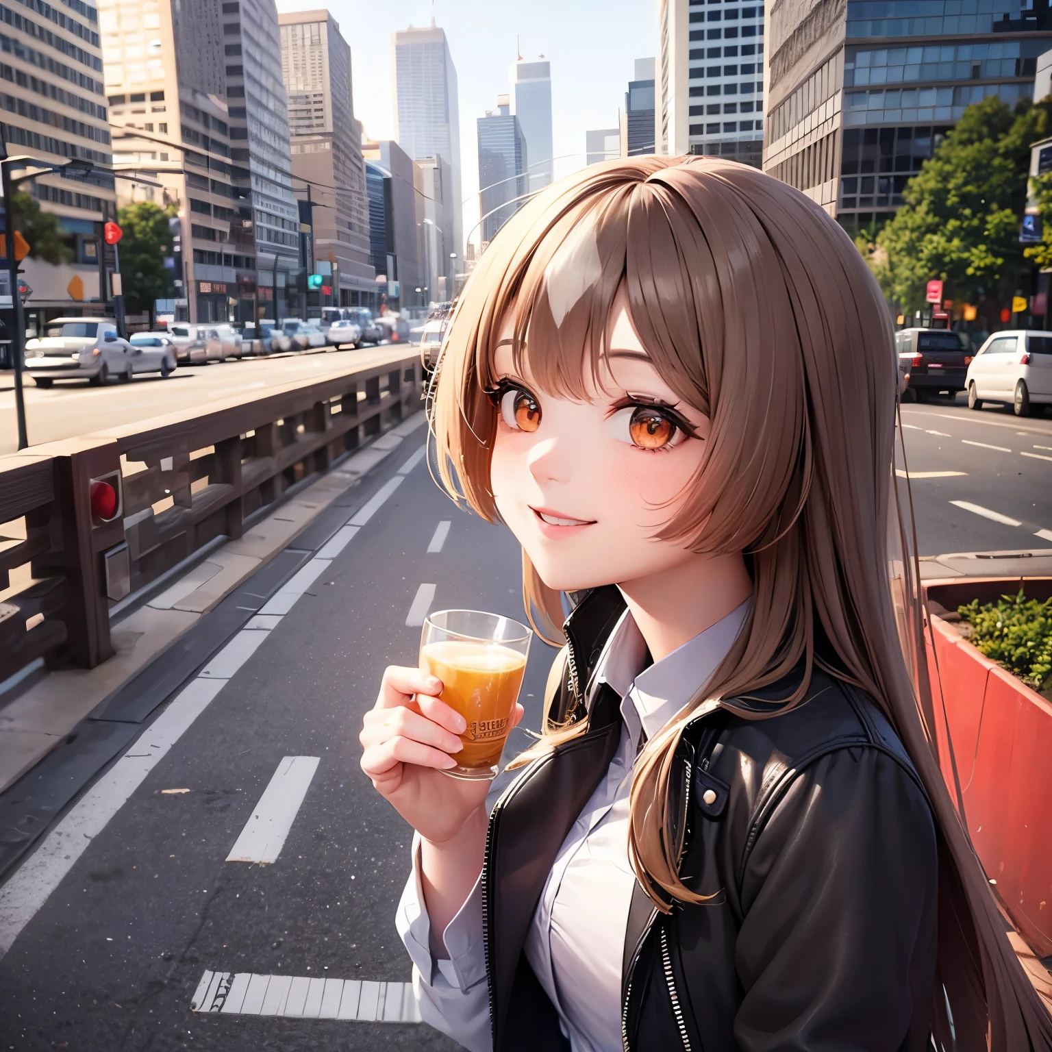 Amidst the urban chaos, a moment of grace. Her smile brings warmth to the heart, momentarily forgetting the city's noise,Top quality, masterpiece, ultra-high resolution,
