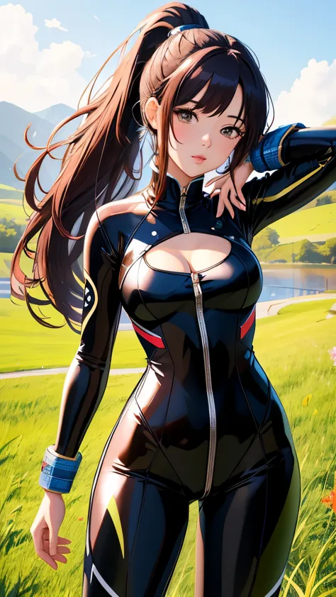 best quality, 1girl, masterpiece ultra detailed, illustration, yang guifei, glossy lips, standing, ponytail, bodysuit, catsuit, ...