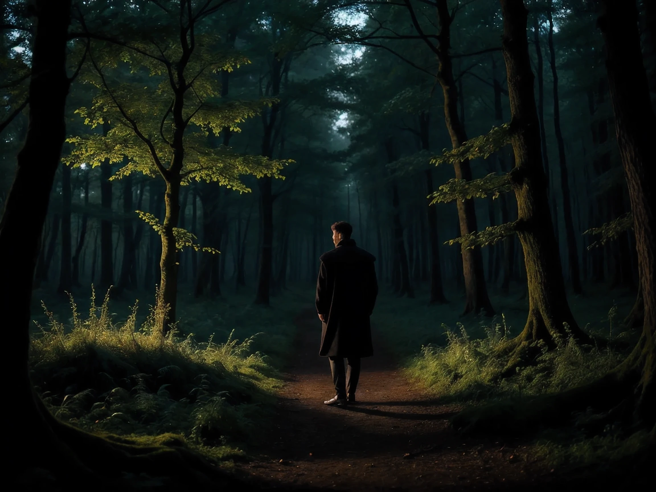 handsome man,alone,Casual wear,feather coat,Dutch corner ,Darkness Forest ,night