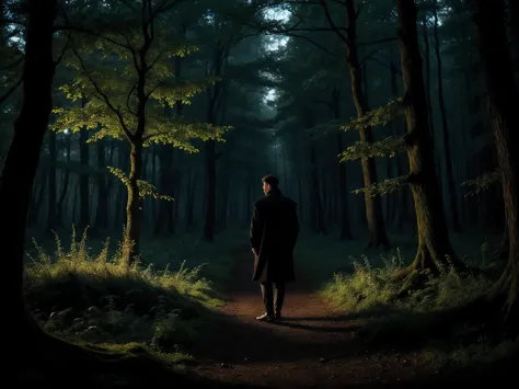 handsome man,alone,casual wear,feather coat,dutch corner ,darkness forest ,night