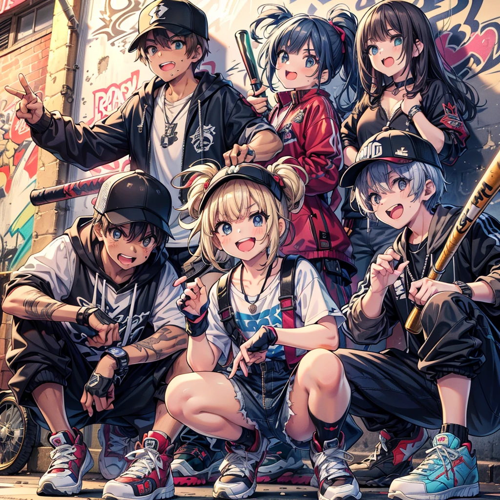 masterpiece, best quality, high resolution, extremely detailed CG, absurdres, U.S. ghetto, three to five teenage hooligans and street girls, partially armed with baseball bats or metal water pipes, posing in front of a graffiti wall, playing it cool, laughing, violence, mixed streets, hip hop culture, hip-hop culture, street gangs