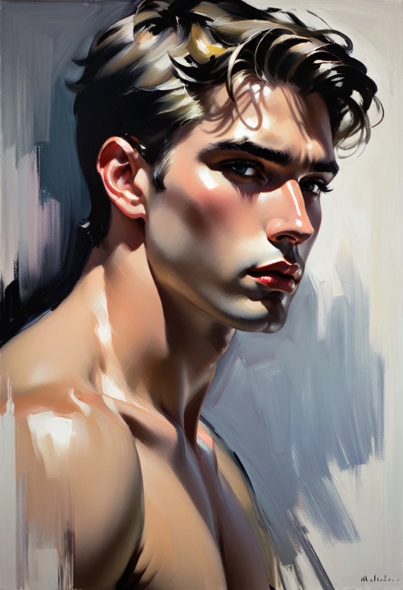 técnica de claroscuro en la sensual ilustración de un hombre arafed vestido de blanco, sexy masculino, male model, por Malcom Liepke, modelo con cuerpo atractivo, inspirado en Ludovit Fulla, plano medio de un guapo, el modelo envuelto en un flujo, pintura al óleo gruesa de Harumi Hironaka, colores extremadamente suaves, vibrante, muy detallado, pintura de malcolm liepke, óleo sobre lienzo, alto contraste, dramático, refinado, tonal, Create alto contraste between light and shadow, el aceite es lino