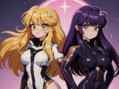 2 girls of the same appearance but opposite characters (heroine and anti-heroine) in super suits, natural hair colors 