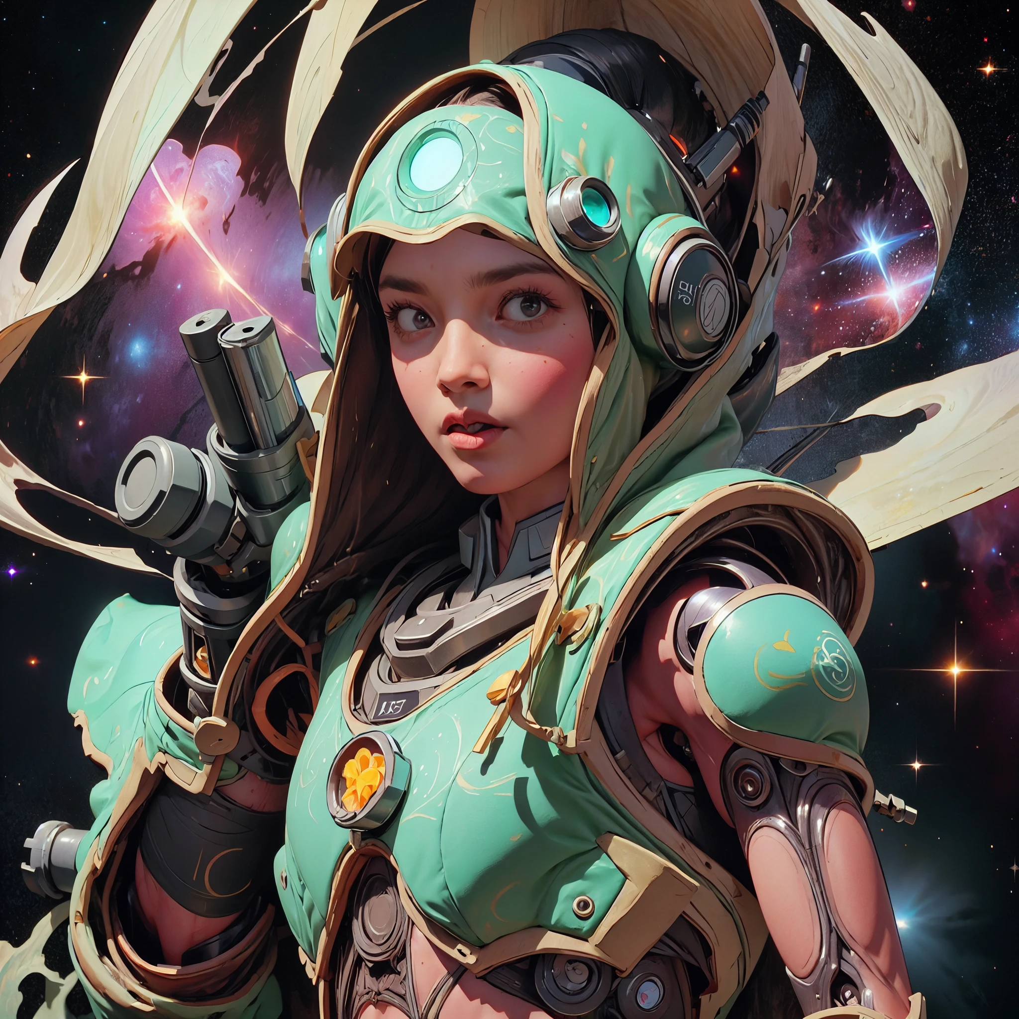 there is a screenshot of a woman in a space suit, cosmic girl, event, cosmic entity, incrinate content details, endless cosmos in the background, historical event, real event, astral background, cosmic background, cosmic goddess, cyborg goddess in cosmos, celestial cosmos, game interface, violet battlefield theme, cosmic style, hyperdetailed content, background details