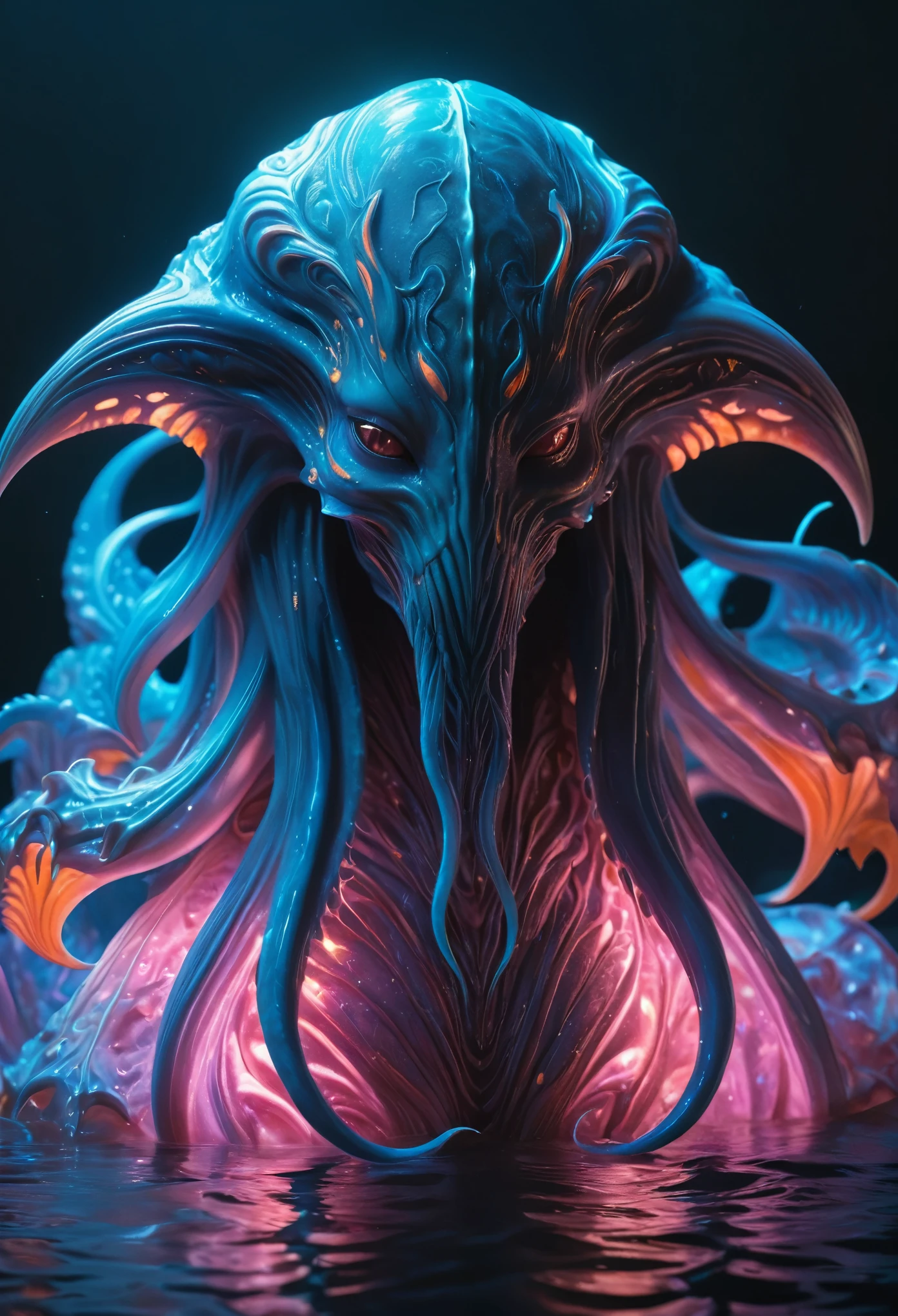 (best quality,4k,8k,highres,masterpiece:1.2), ultra-detailed, (realistic,photorealistic,photo-realistic:1.37), creature, otherworldly, Lovecraftian, chitinous skin, bioluminescent patterns, somber color palette, eerie lighting.(NSFW:1.4), white, pink, blue, orange, long long claws, She has bioluminescent all over her body.