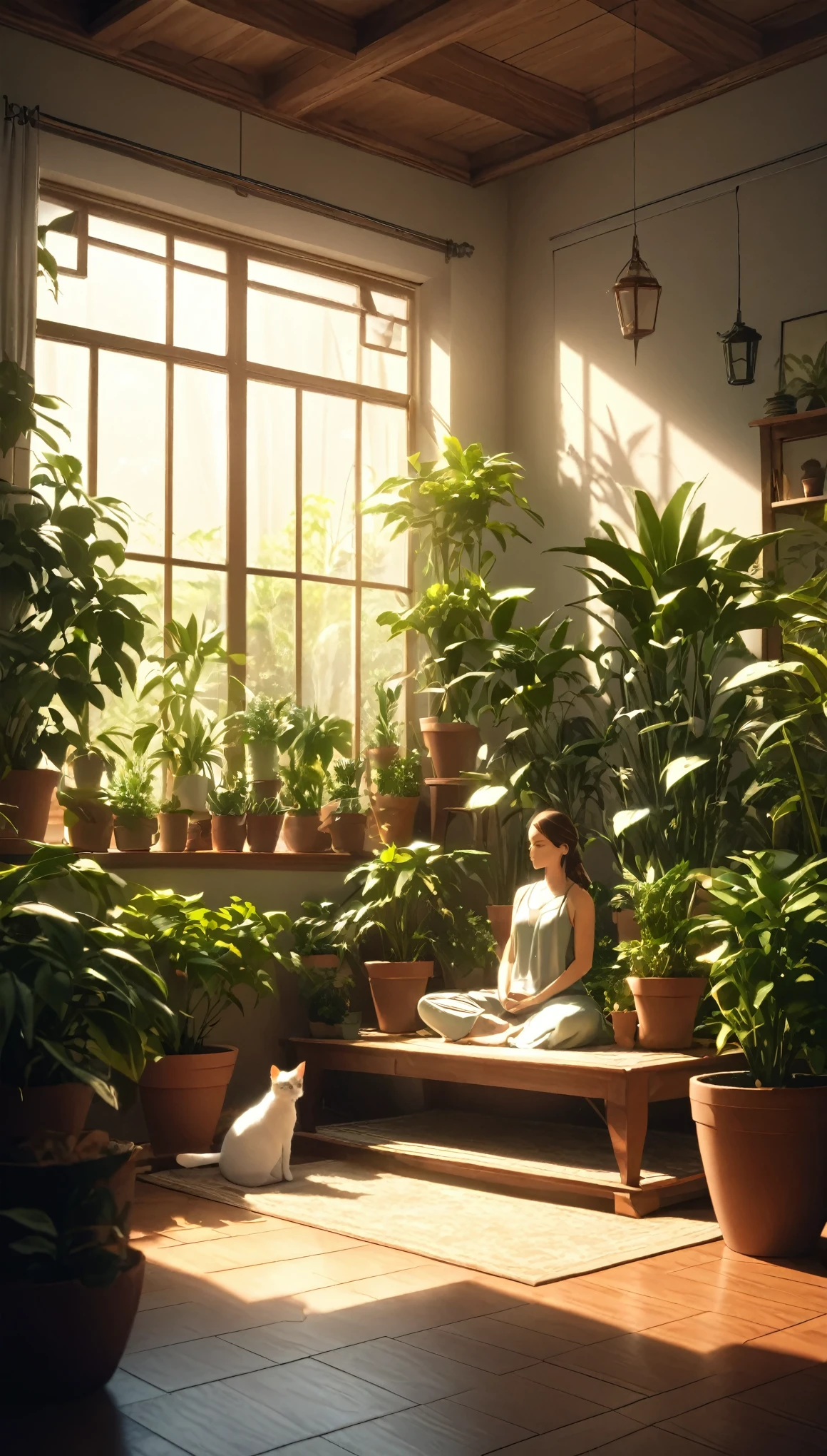 Personne occidentale méditant entourée de chats. Le décor est l&#39;intérieur d&#39;une belle pièce avec de nombreuses plantes en pot. Éclairage cinématographique. Personne méditant. méditation. Ultra HD 