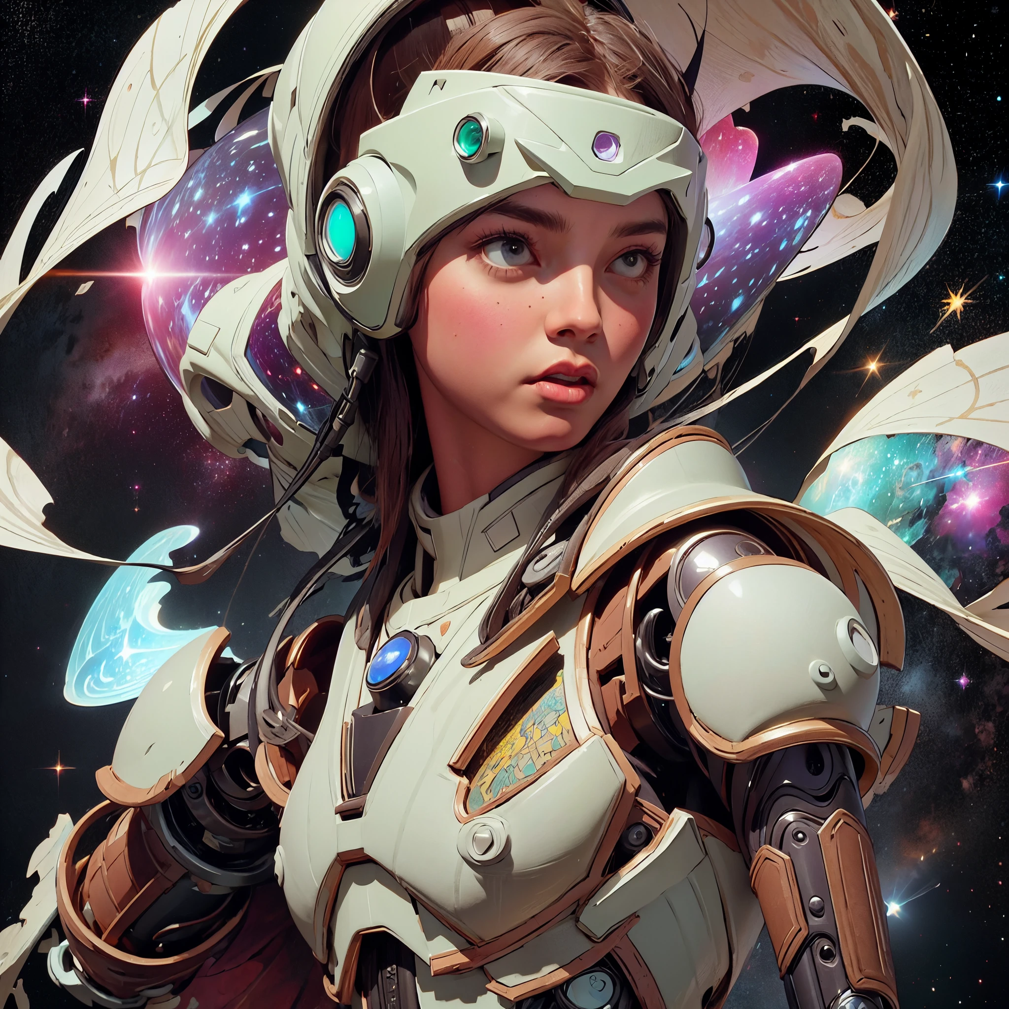 there is a screenshot of a woman in a space suit, cosmic girl, event, cosmic entity, incrinate content details, endless cosmos in the background, historical event, real event, astral background, cosmic background, cosmic goddess, cyborg goddess in cosmos, celestial cosmos, game interface, violet battlefield theme, cosmic style, hyperdetailed content, background details