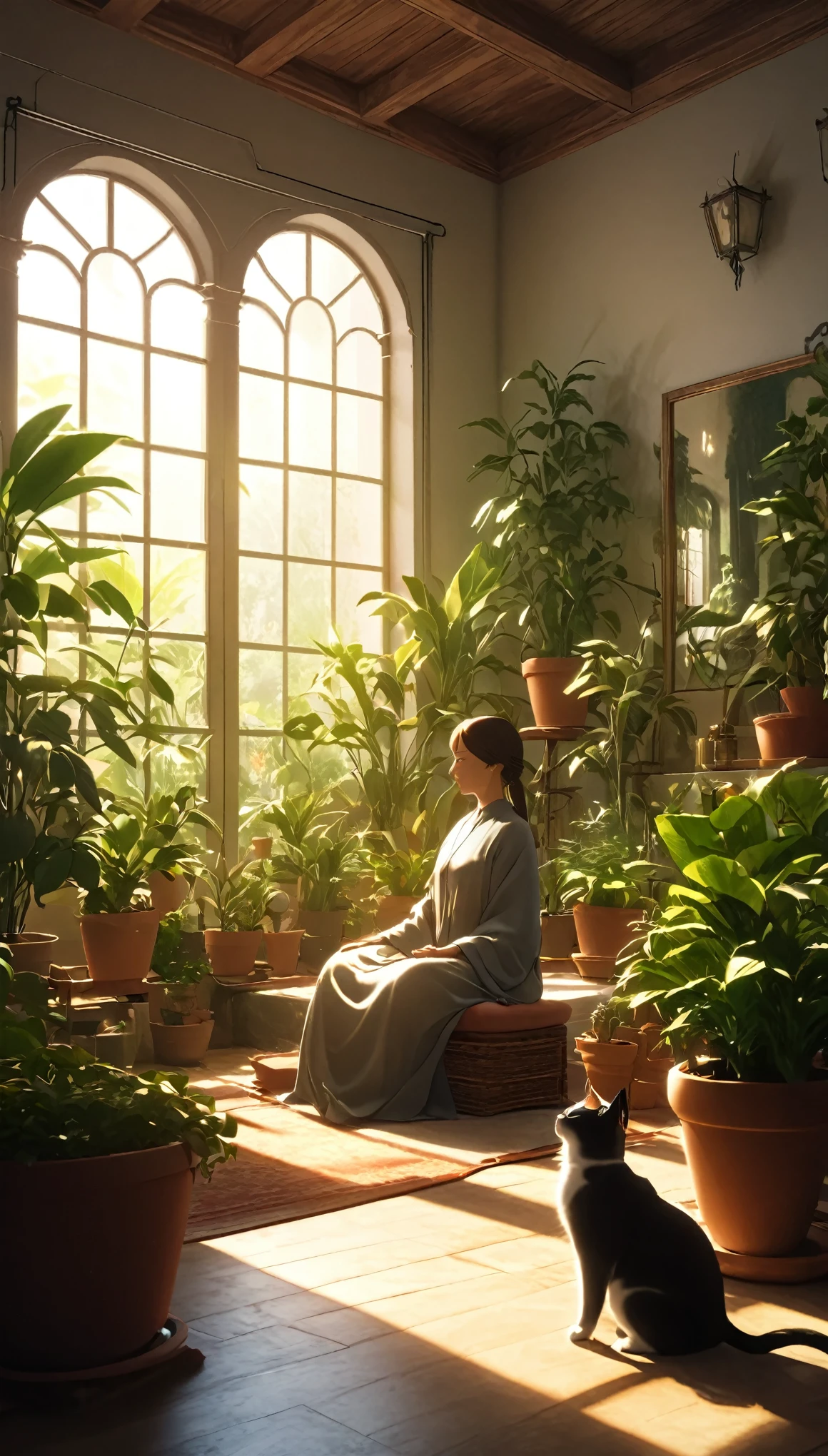 Persona occidental meditando rodeada de gatos.. El escenario es el interior de una hermosa habitación con muchas plantas en macetas.. iluminación cinematográfica. persona meditando. meditación. ultra alta definición