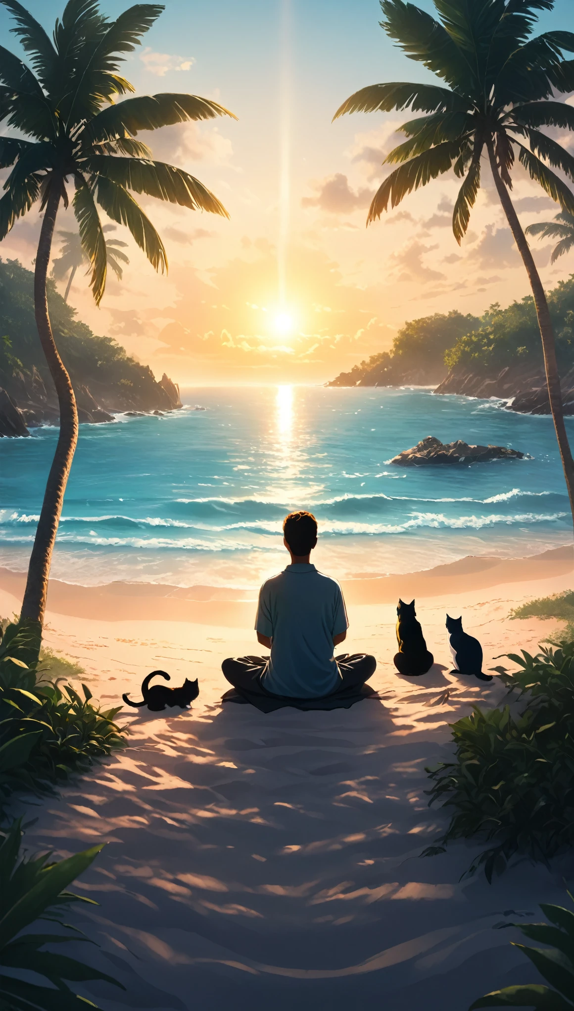 Westlicher Mensch meditiert umgeben von Katzen. Die Kulisse ist eine tropische Insel. Wunderschöne Landschaft mit Strand an einem sonnigen Tag. filmische Beleuchtung. Meditierende Person. Meditation 