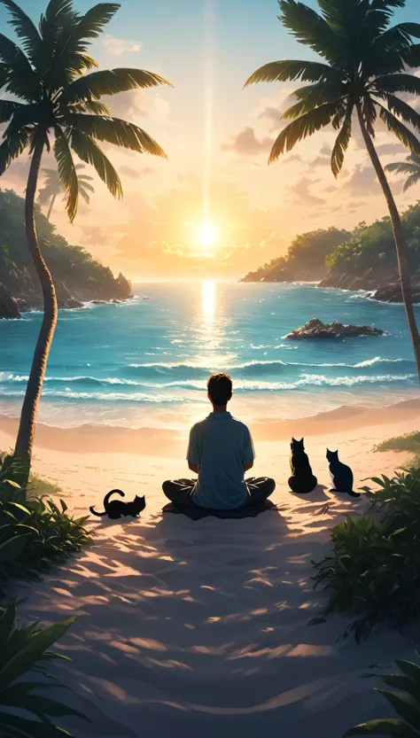 Pessoa ocidental meditando cercada de gatos. The setting is a tropical island. Belo landscape com praia em um dia ensolarado. ci...