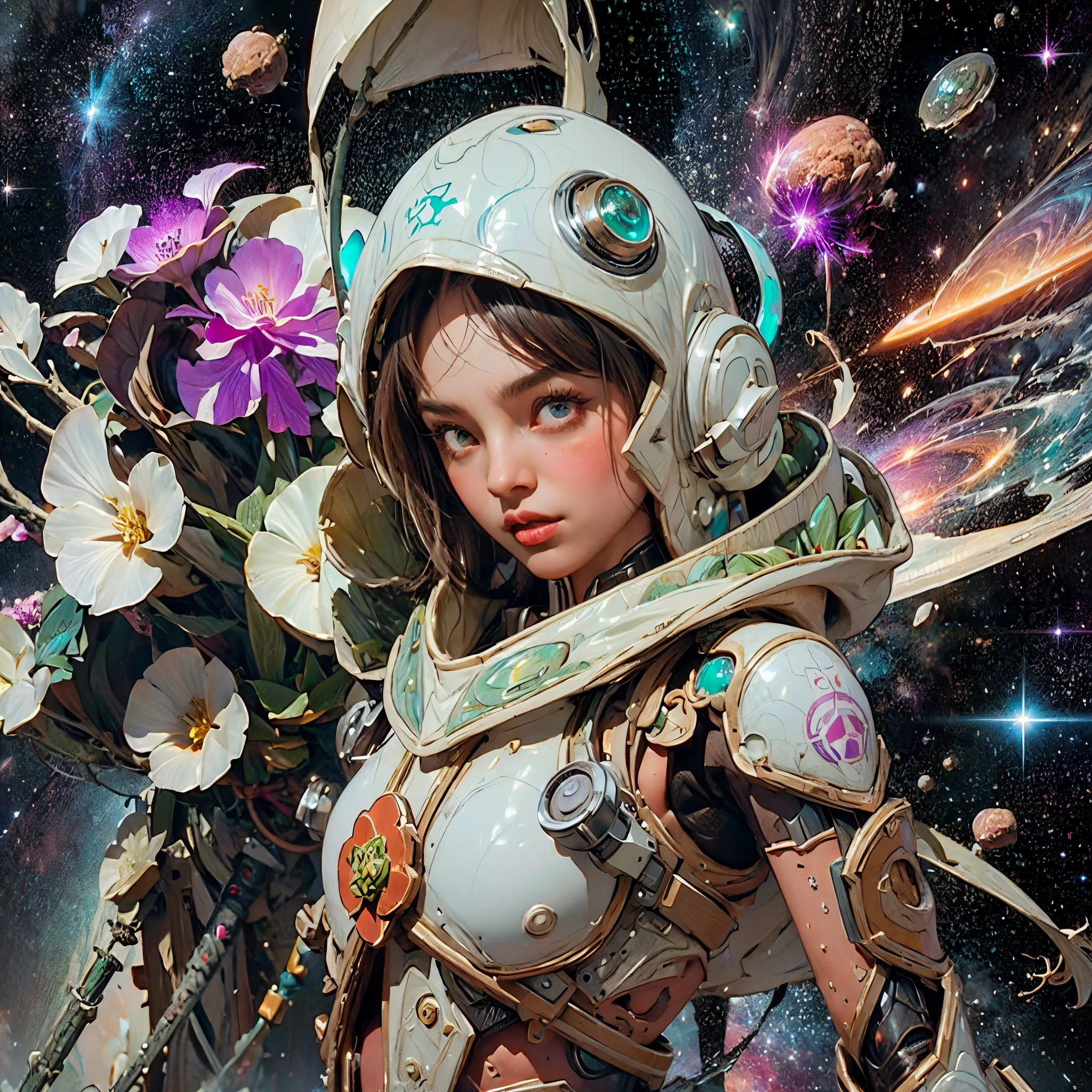 there is a screenshot of a woman in a space suit, cosmic girl, event, cosmic entity, incrinate content details, endless cosmos in the background, historical event, real event, astral background, cosmic background, cosmic goddess, cyborg goddess in cosmos, celestial cosmos, game interface, violet battlefield theme, cosmic style, hyperdetailed content, background details