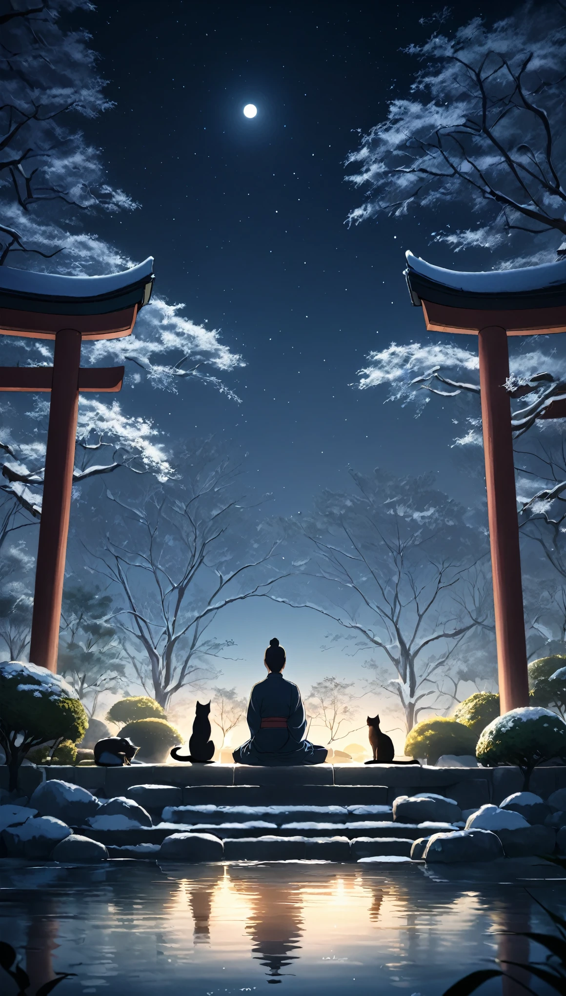 Oriental person meditating surrounded by cats. The setting is a Japanese winter garden, under the moonlight. Beautiful landscape with a winter garden.   night sky. cinematic lighting. Person meditating. meditation 