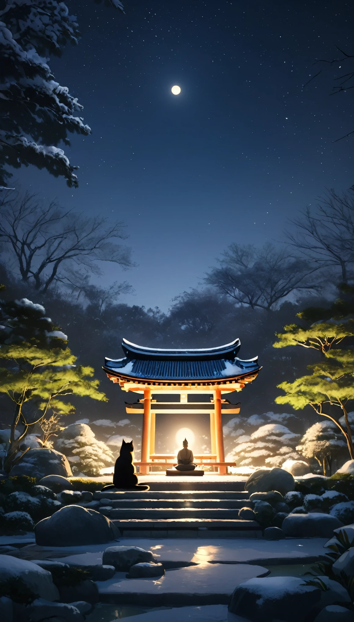 Oriental person meditating surrounded by cats. The setting is a Japanese winter garden, under the moonlight. Beautiful landscape with a winter garden.   night sky. cinematic lighting. Person meditating. meditation 