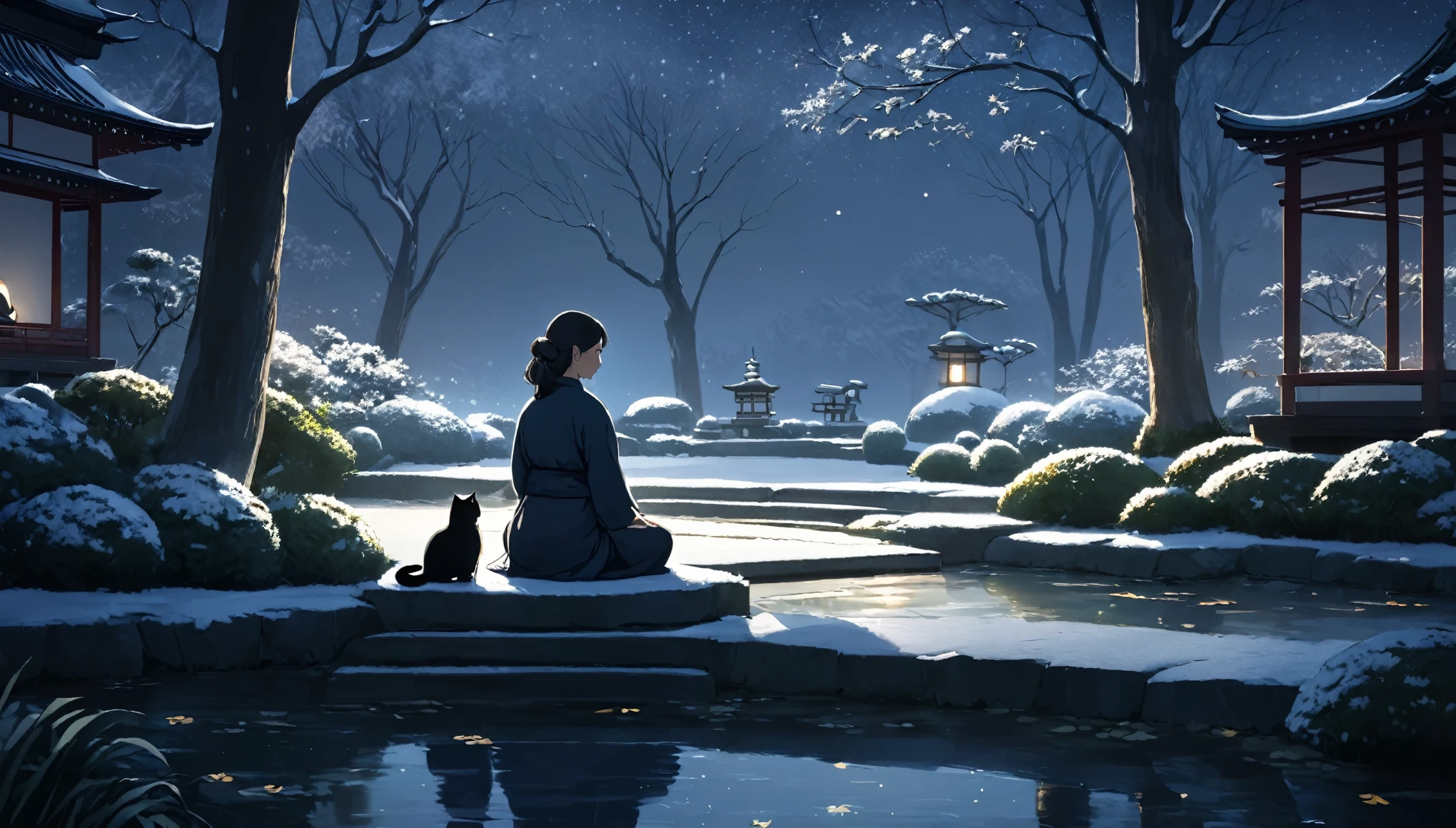 Oriental person meditating surrounded by cats. The setting is a Japanese winter garden, under the moonlight. Beautiful landscape with a winter garden.   night sky. cinematic lighting. Person meditating. meditation 