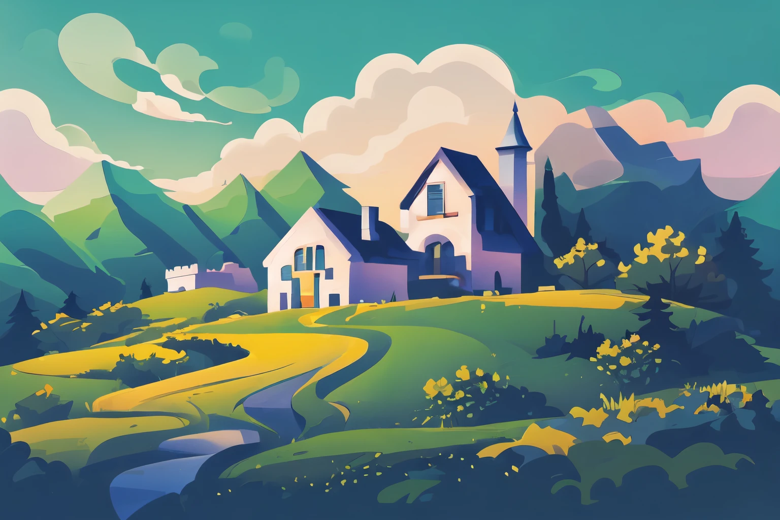 view of a castle on a hill with a green field below, vectorная графика, стиль в виде vectorа, vectorный стиль, Gradient, minimalism, minimalistic picture, Vector landscape, vector, vector character illustration, in the style of minimalist detail, forms, rick owens, matt bors, close-up, light black and navy, constantin brancusi --s 180