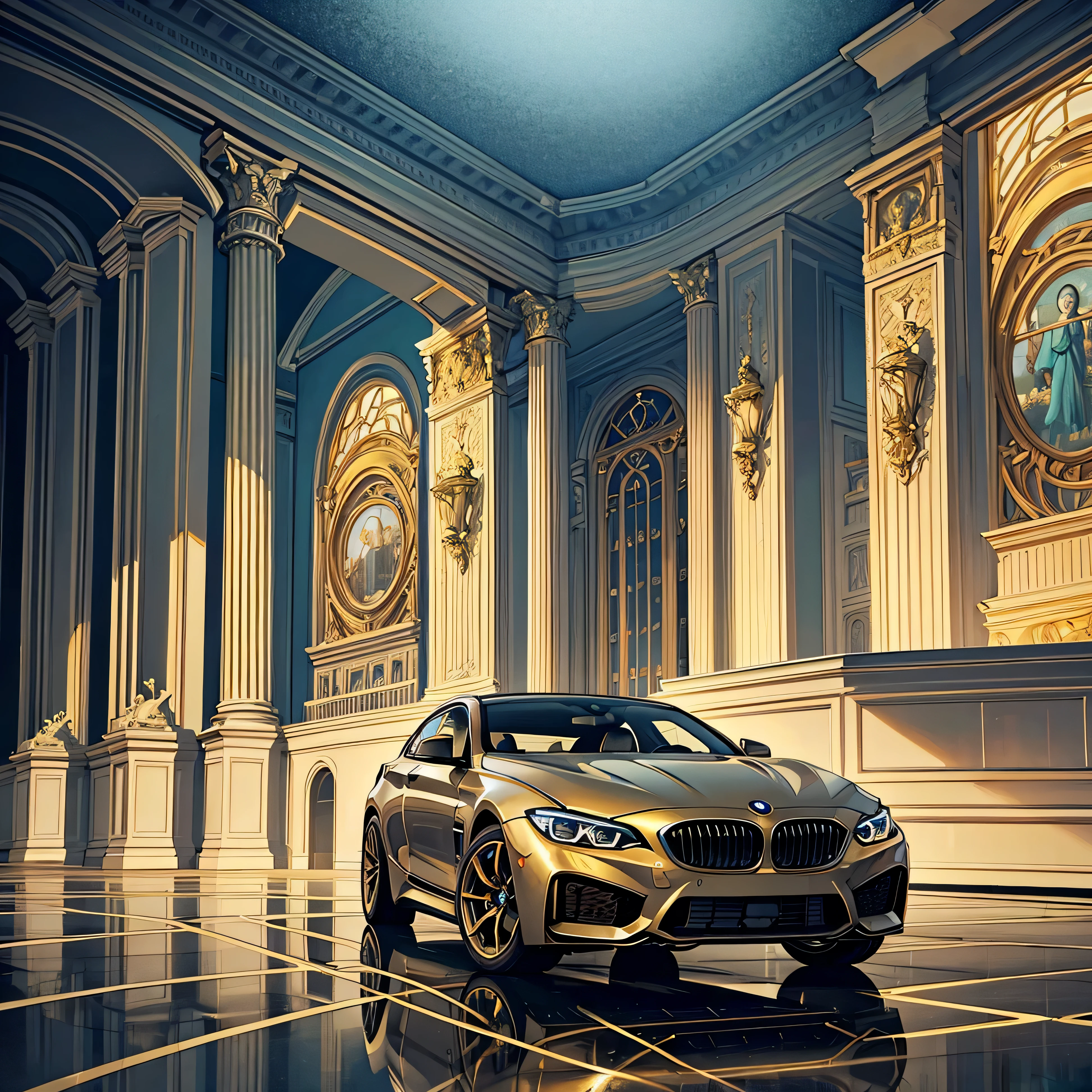 best quality,highres,ultra-detailed,realistic:1.37,BMW car,parked in a luxurious mansion,blurred background,shiny metallic surface,modern design,crisp and clean lines,gleaming headlights and taillights,reflections on the polished body,sleek and aerodynamic silhouette,opulent surroundings,expensive materials and finishes,golden accents and intricate moldings,impressive architecture,tall columns and grand entrance,flawless landscaping with perfectly manicured gardens and a fountain,beautifully lit mansion with soft ambient lights,wealth and luxury,quiet and serene atmosphere