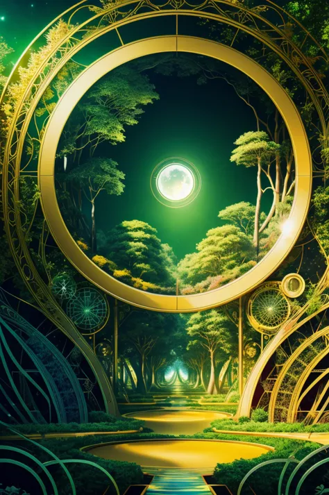 opening of the mind into utopia, utopiasphere, abstract art, trees, circular warm colors contrasting with nature, long landscape...