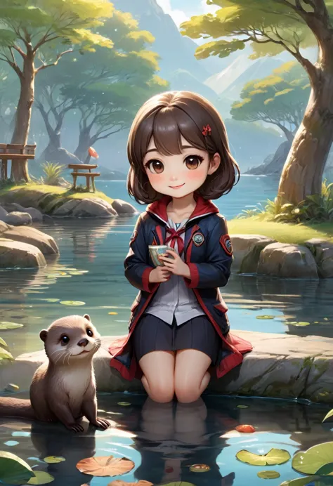 an otter with a girl, chibi, park, detailed background, (masterpiece, best quality, professional, perfect composition, very aest...