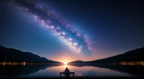 A person sleeping, in a beautiful spectacular amazing place, starry sky night, relaxing