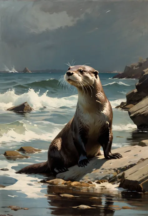 (an otter), by winslow homer, best quality, masterpiece, very aesthetic, perfect composition, intricate details, ultra-detailed