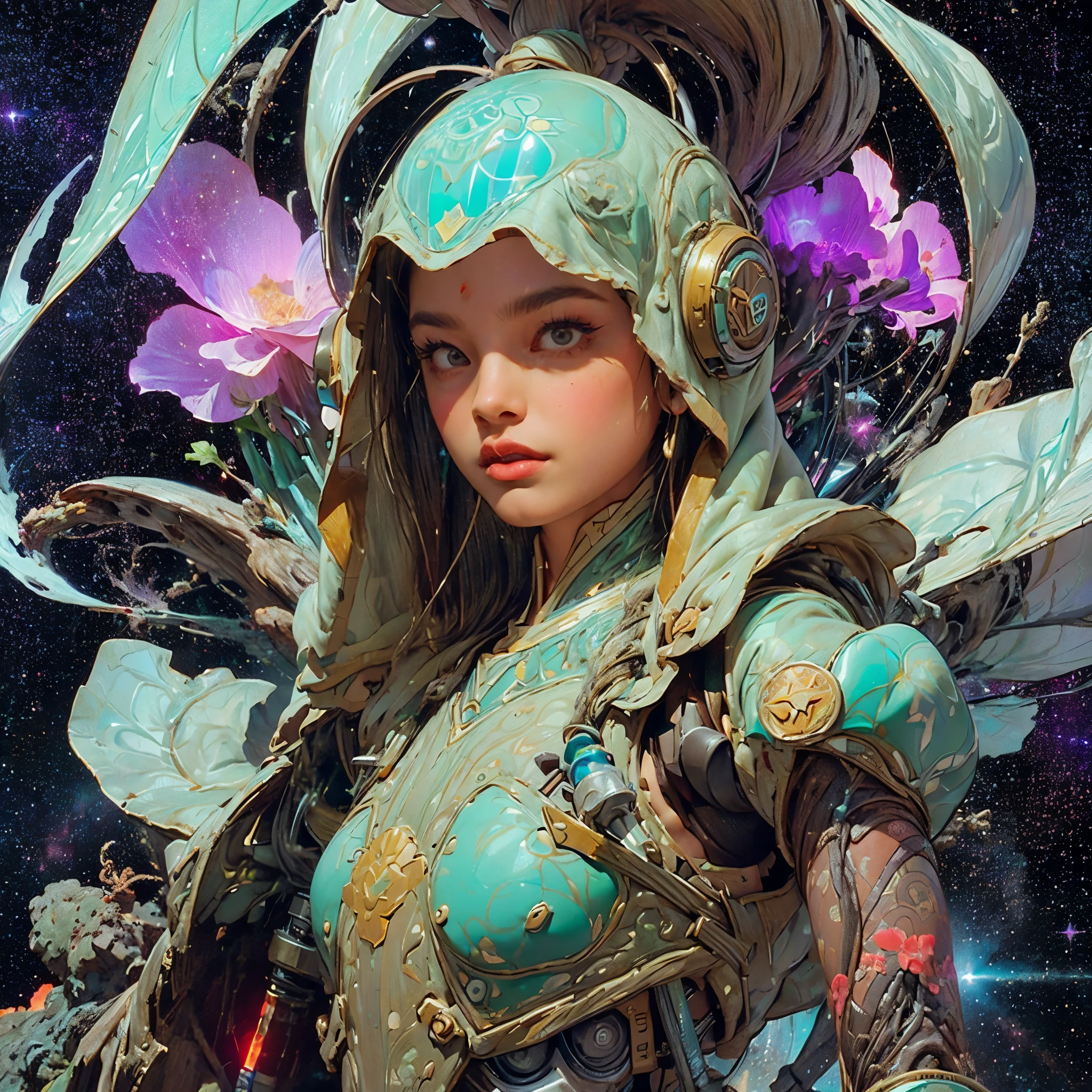 there is a screenshot of a woman in a space suit, cosmic girl, event, cosmic entity, incrinate content details, endless cosmos in the background, historical event, real event, astral background, cosmic background, cosmic goddess, cyborg goddess in cosmos, celestial cosmos, game interface, violet battlefield theme, cosmic style, hyperdetailed content, background details