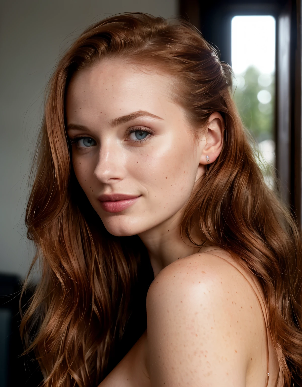 Madelaine Petsch, Lever les yeux vers le spectateur (nu, tanned skin -  SeaArt AI