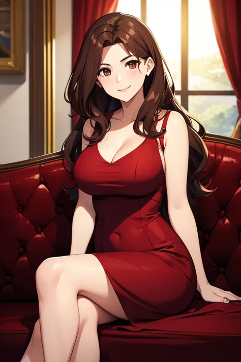 Italian girl, 25 years old, wavy brown hair, elegant low-cut red dress, busty, sitting, smiling,