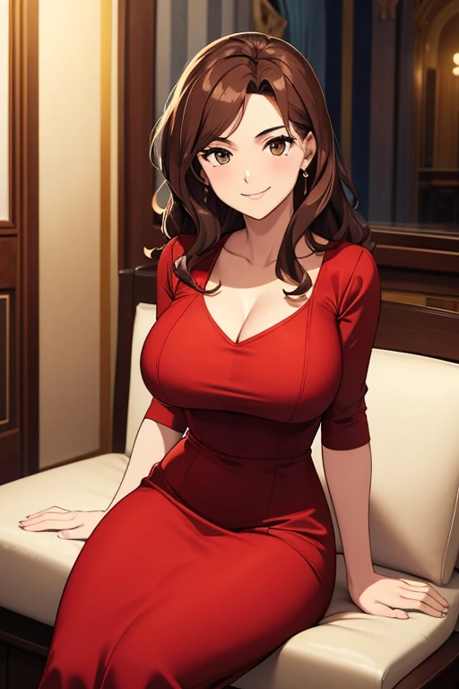итальянская девушка, 25 лет, волнистые каштановые волосы, элегантное красное платье с глубоким вырезом, грудастая, сидящий, улыбается,