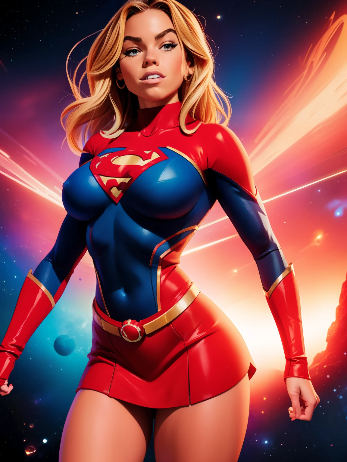 (((Style bande dessinée, dessin animé))). ((1 fille)), seul, seulement, Une image de style bande dessinée de Supergirl, une héroïne sexy, avec elle comme personnage central. Elle porte une tenue traditionnelle bleue et rouge de Supergirl, petite jupe rouge, (((Le visage de Nicole Mejia))) . ((corps mince et chaud, Petits seins)). (((Fond d&#39;espace cosmique cinématographique))) . Elle a une expression forte et courageuse, comme si elle était prête à combattre le mal.
INFO
