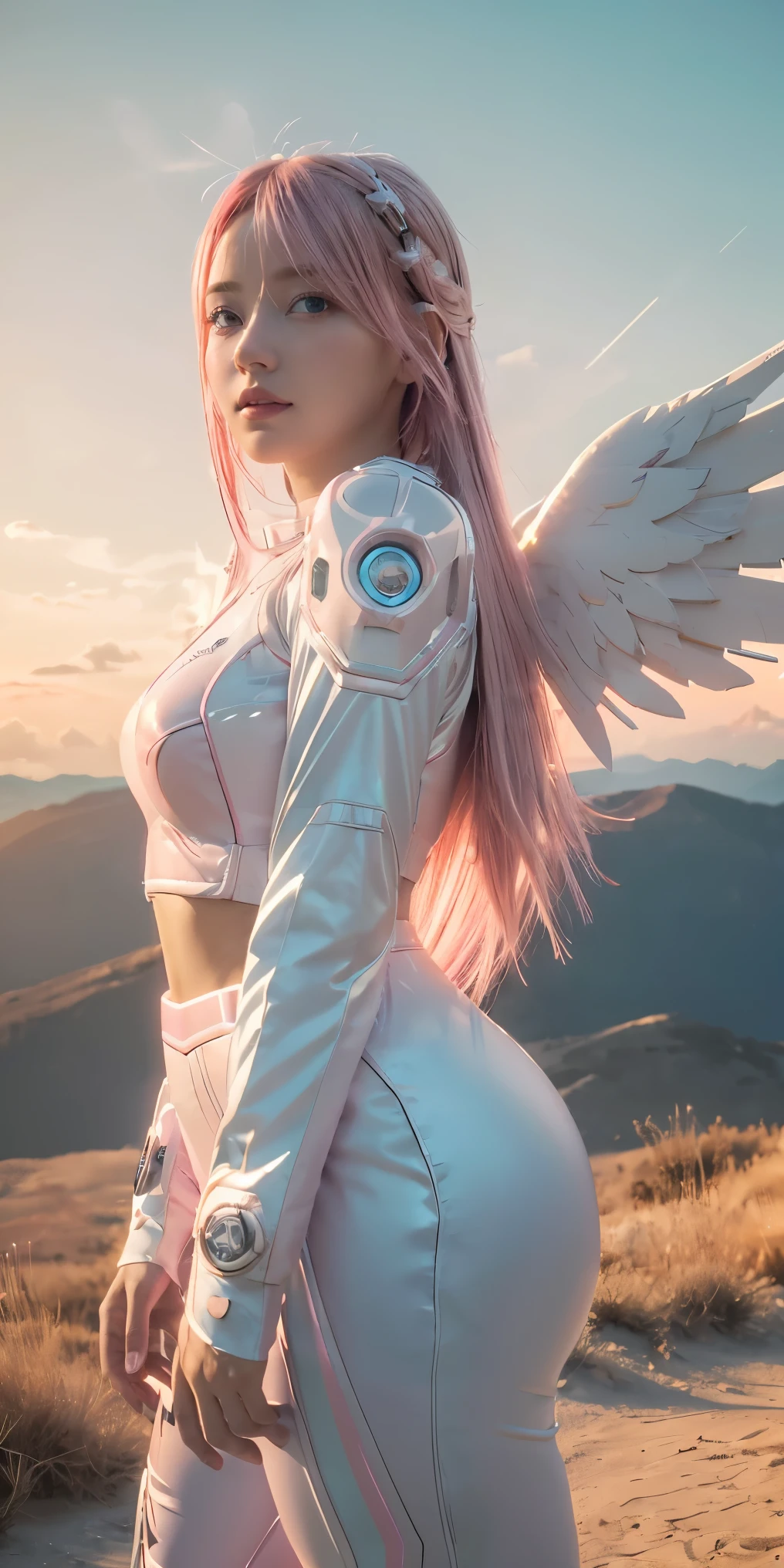 ((masterpiece, best quality, extremely detailed), volumetric lighting, ambient occlusion, colorful, glowing), 
1girl, solo, young girl, (pink hair), long hair, halo, aura, sacred, godness, cyber suit, (white outfit:1.3), android, bot, angel wings,
outdoors, sunset, sky, clouds, space, (cyberpunk theme:1.2),