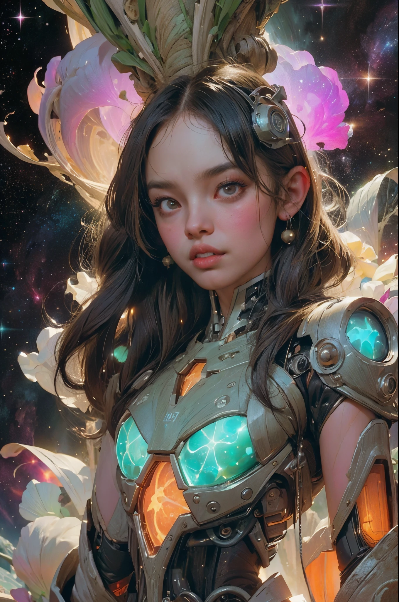 there is a screenshot of a woman in a space suit, cosmic girl, event, cosmic entity, incrinate content details, endless cosmos in the background, historical event, real event, astral background, cosmic background, cosmic goddess, cyborg goddess in cosmos, celestial cosmos, game interface, violet battlefield theme, cosmic style, hyperdetailed content, background details