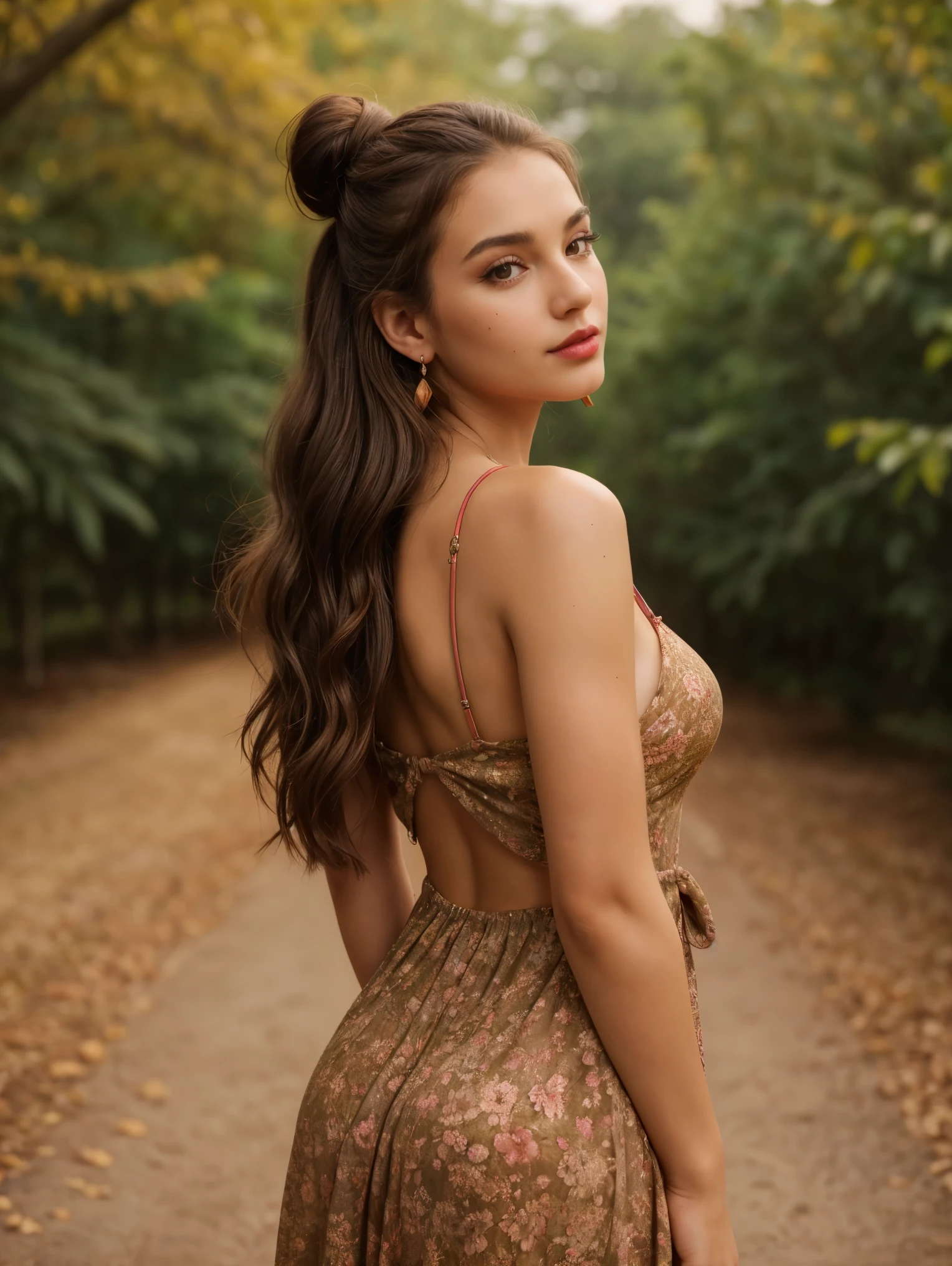 A half body photo portrait of a attractive woman 21 y.o.,  fully body posing shot, deep cleavage,
autumn, A floral maxi dress with heeled boots, Miss, Tall, Firm, Square Face, Dark Skin, Brunette Hair, Amber Eyes, Long Nose, Thick Lips, Sharp Chin, Shoulder-Length Hair, Wavy brown Hair, Messy Top Knot, medium breasts, Clip-on earrings, berry matte lipstick,
moles, skin imperfection,
Masterpiece, hi res, 8k, award winning, RAW photo, high quality, 35mm photograph, film grain, bokeh, professional, 4k, highly detailed, 