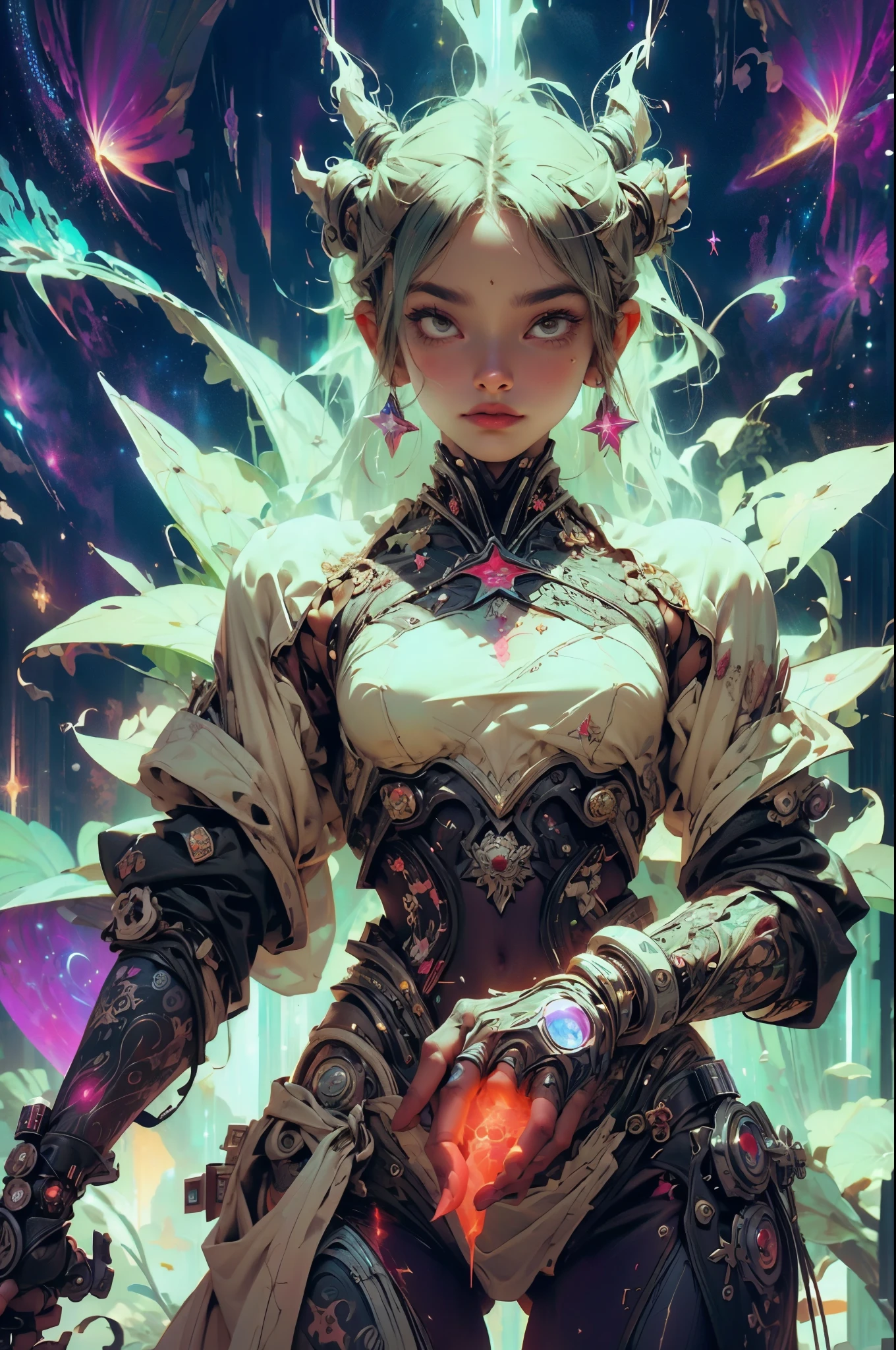 there is a screenshot of a woman in a space suit, a cosmic girl, an event, cosmic entity, incriminate content details, an endless cosmos in the background, historical event, real event, an astral background, cosmic background, cosmic goddess, cyborg goddess in cosmos, celestial cosmos, game interface, violet battlefield theme, cosmic style, hyperdetailed content, background details