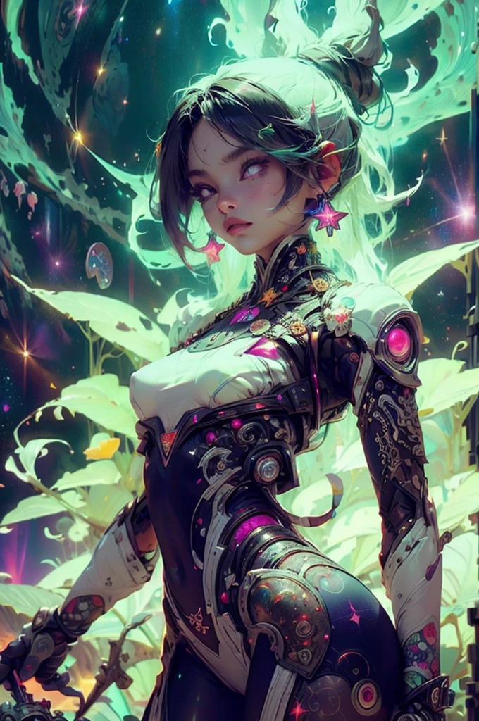 there is a screenshot of a woman in a space suit, cosmic girl, event, cosmic entity, incrinate content details, endless cosmos in the background, historical event, real event, astral background, cosmic background, cosmic goddess, cyborg goddess in cosmos, celestial cosmos, game interface, violet battlefield theme, cosmic style, hyperdetailed content, background details
