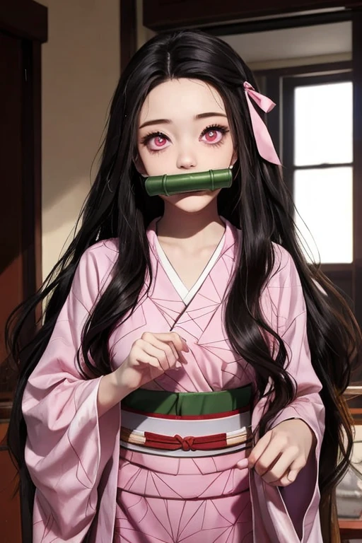 One girl, bamboo, bit gag, Black Hair, Checkerboard, Checkerboard heart, clavicle, amount, gag, gagged, Gradient Hair, hair ribbon, Haori, kimono, Kamado Nezuko, kimono, Long Hair, View your viewers, Hold your mouth, multicoloRedhead, heart, Open clothes, Pink Eyes, pink kimono, pink ribbon, Redhead, ribbon, sash, alone, very Long Hair