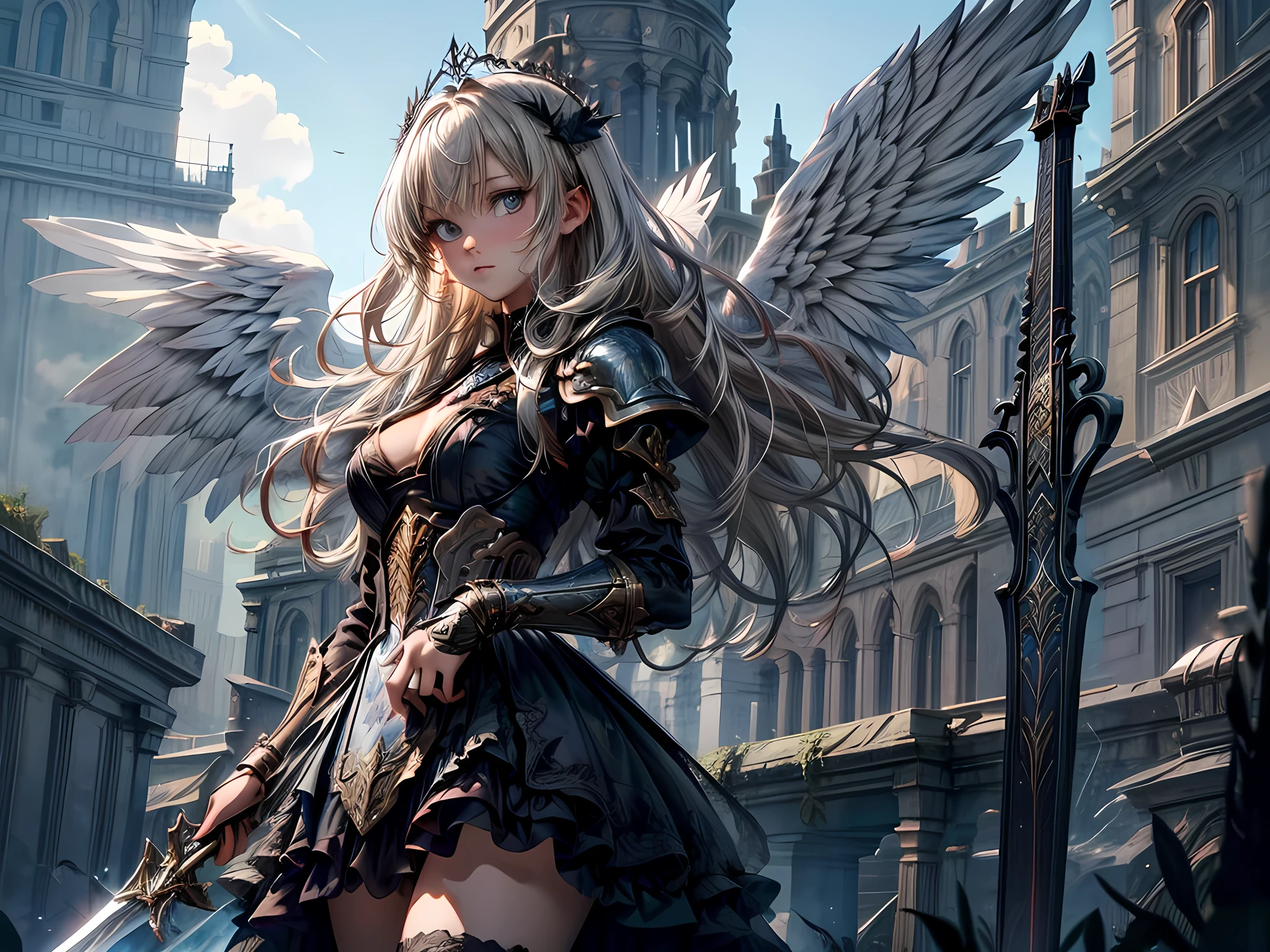 16K, ultra detailed, masterpiece, best quality, (extremely detailed), arafed, dnd art, portrait, full body, aasimar, female, (Masterpiece 1.3, intense details), female, paladin, holy warrior fighting undead (Masterpiece 1.3, intense details) large angelic wings, white angelic wings spread (Masterpiece 1.3, intense details), dark fantasy cemetery background, moon light, moon, stars, clouds, wearing (white: 1.1)  armor (Masterpiece 1.3, intense details), holy symbol, armed with sword, short blond hair,  detailed face, (Masterpiece 1.5, best quality), anatomically correct (Masterpiece 1.3, intense details), angel_wings, determined face, god rays, cinematic lighting, glowing light, silhouette, from outside, photorealism, panoramic view  (Masterpiece 1.3, intense details) , Wide-Angle, Ultra-Wide Angle, 8k, highres, best quality, high details, armored dress