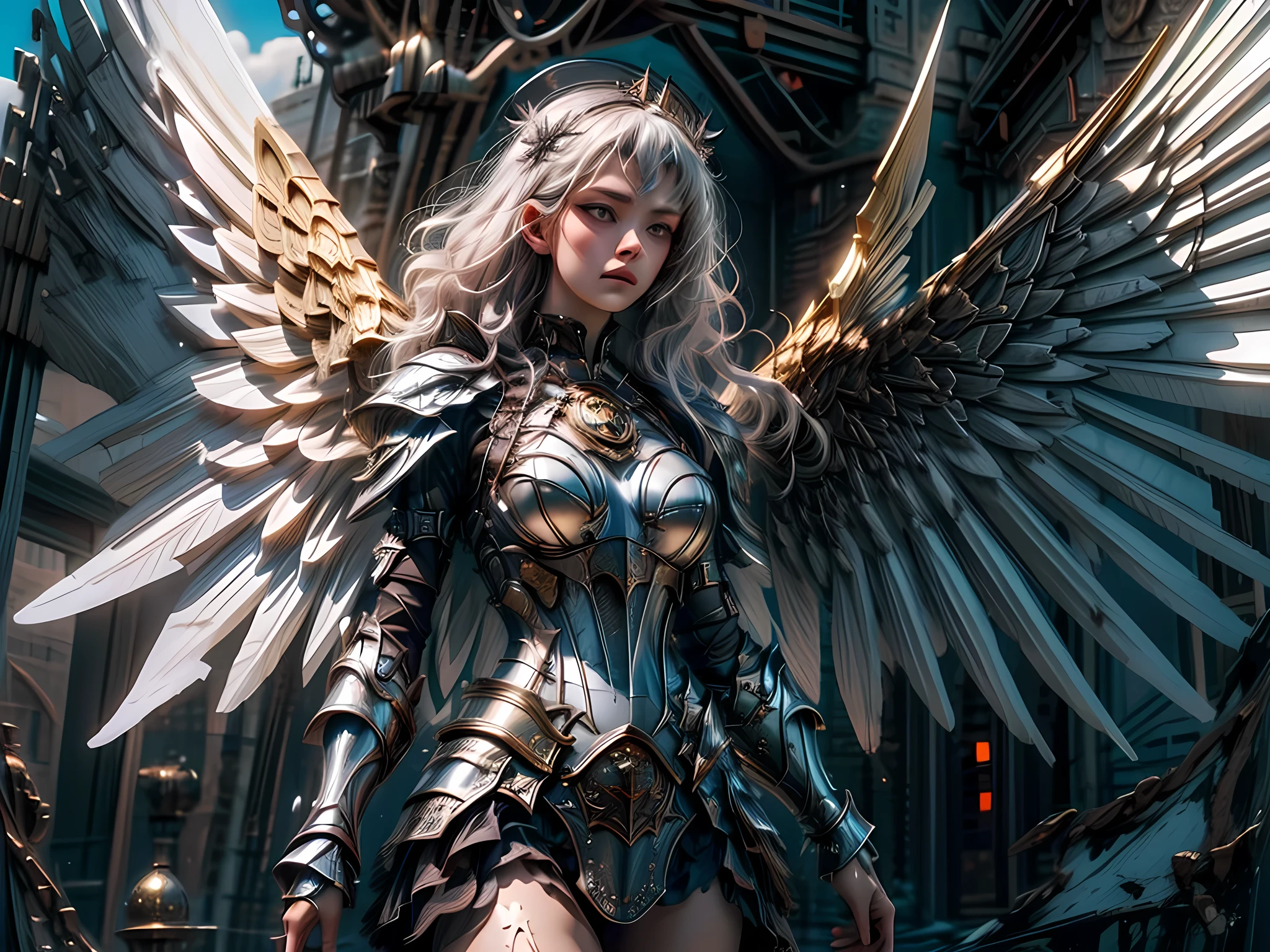 16K, ultra detailed, masterpiece, best quality, (extremely detailed), arafed, dnd art, portrait, full body, aasimar, female, (Masterpiece 1.3, intense details), female, paladin, holy warrior fighting undead (Masterpiece 1.3, intense details) large angelic wings, white angelic wings spread (Masterpiece 1.3, intense details), dark fantasy cemetery background, moon light, moon, stars, clouds, wearing (white: 1.1)  armor (Masterpiece 1.3, intense details), holy symbol, armed with sword, short blond hair,  detailed face, (Masterpiece 1.5, best quality), anatomically correct (Masterpiece 1.3, intense details), angel_wings, determined face, god rays, cinematic lighting, glowing light, silhouette, from outside, photorealism, panoramic view  (Masterpiece 1.3, intense details) , Wide-Angle, Ultra-Wide Angle, 8k, highres, best quality, high details, armored dress