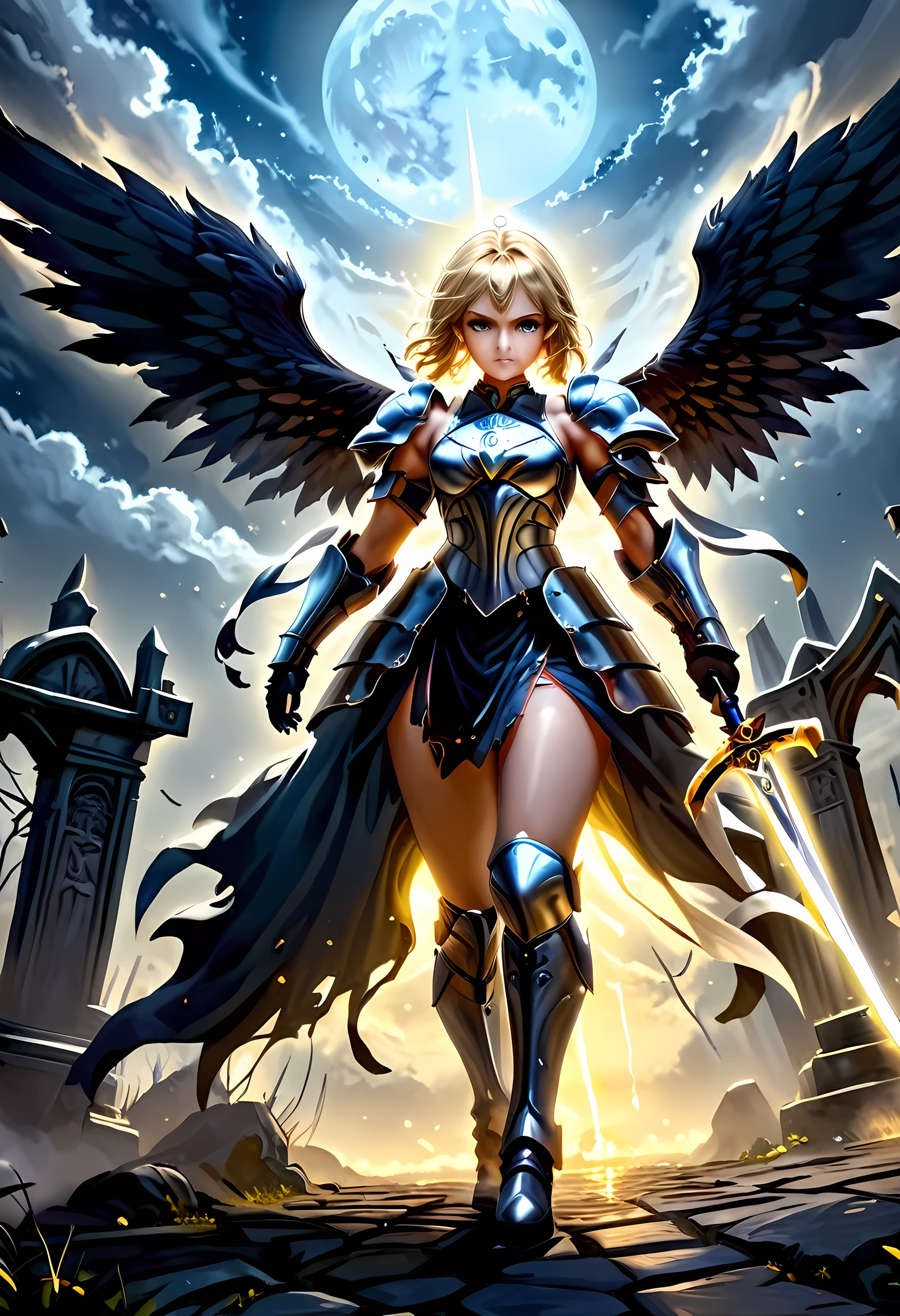 16K, ultra detailed, masterpiece, best quality, (extremely detailed), arafed, dnd art, portrait, full body, aasimar, female, (Masterpiece 1.3, intense details), female, paladin, holy warrior fighting undead (Masterpiece 1.3, intense details) large angelic wings, white angelic wings spread (Masterpiece 1.3, intense details), dark fantasy cemetery background, moon light, moon, stars, clouds, wearing (white: 1.1)  armor (Masterpiece 1.3, intense details), holy symbol, armed with sword, short blond hair,  detailed face, (Masterpiece 1.5, best quality), anatomically correct (Masterpiece 1.3, intense details), angel_wings, determined face, god rays, cinematic lighting, glowing light, silhouette, from outside, photorealism, panoramic view  (Masterpiece 1.3, intense details) , Wide-Angle, Ultra-Wide Angle, 8k, highres, best quality, high details, armored dress